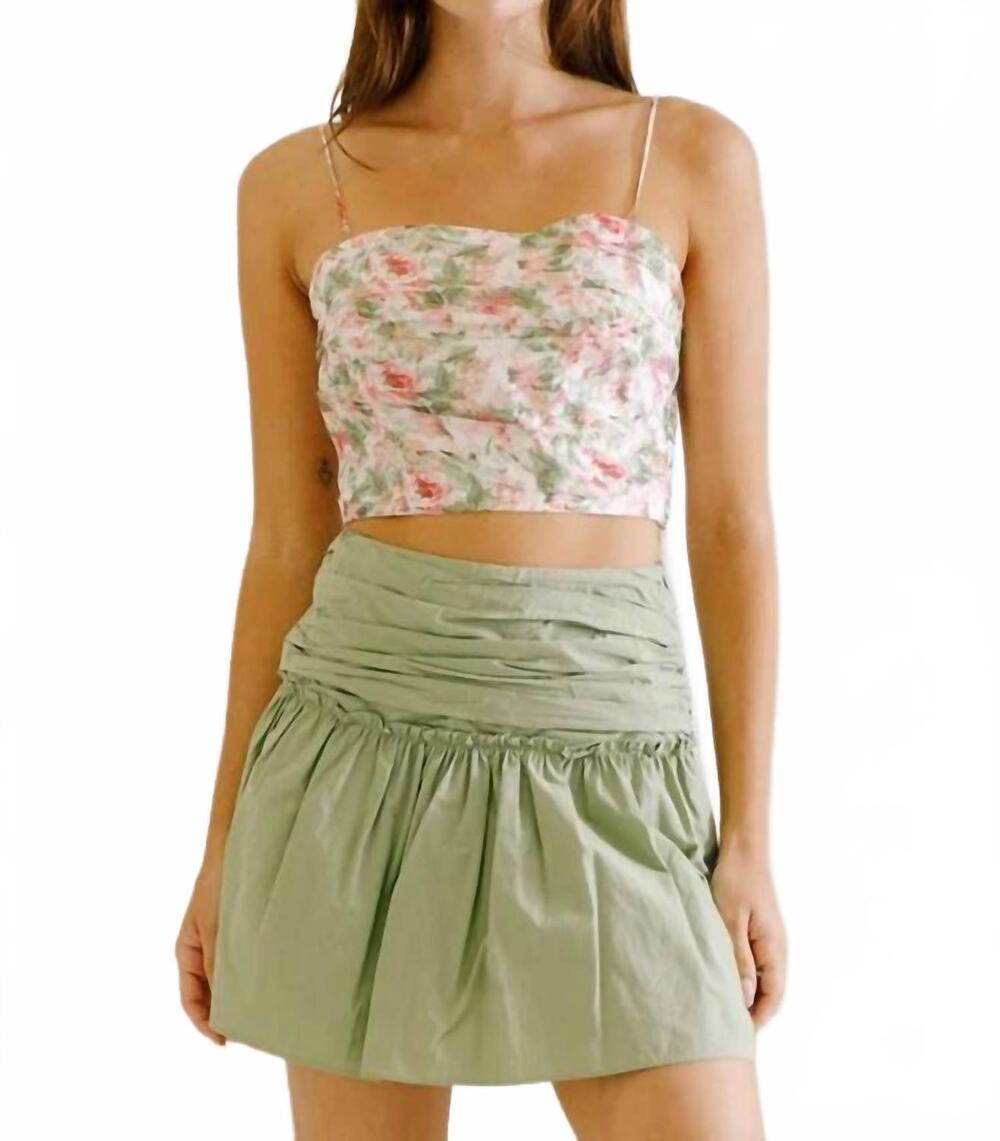 NEW STORIA rose print midriff ruched cropped top in green
